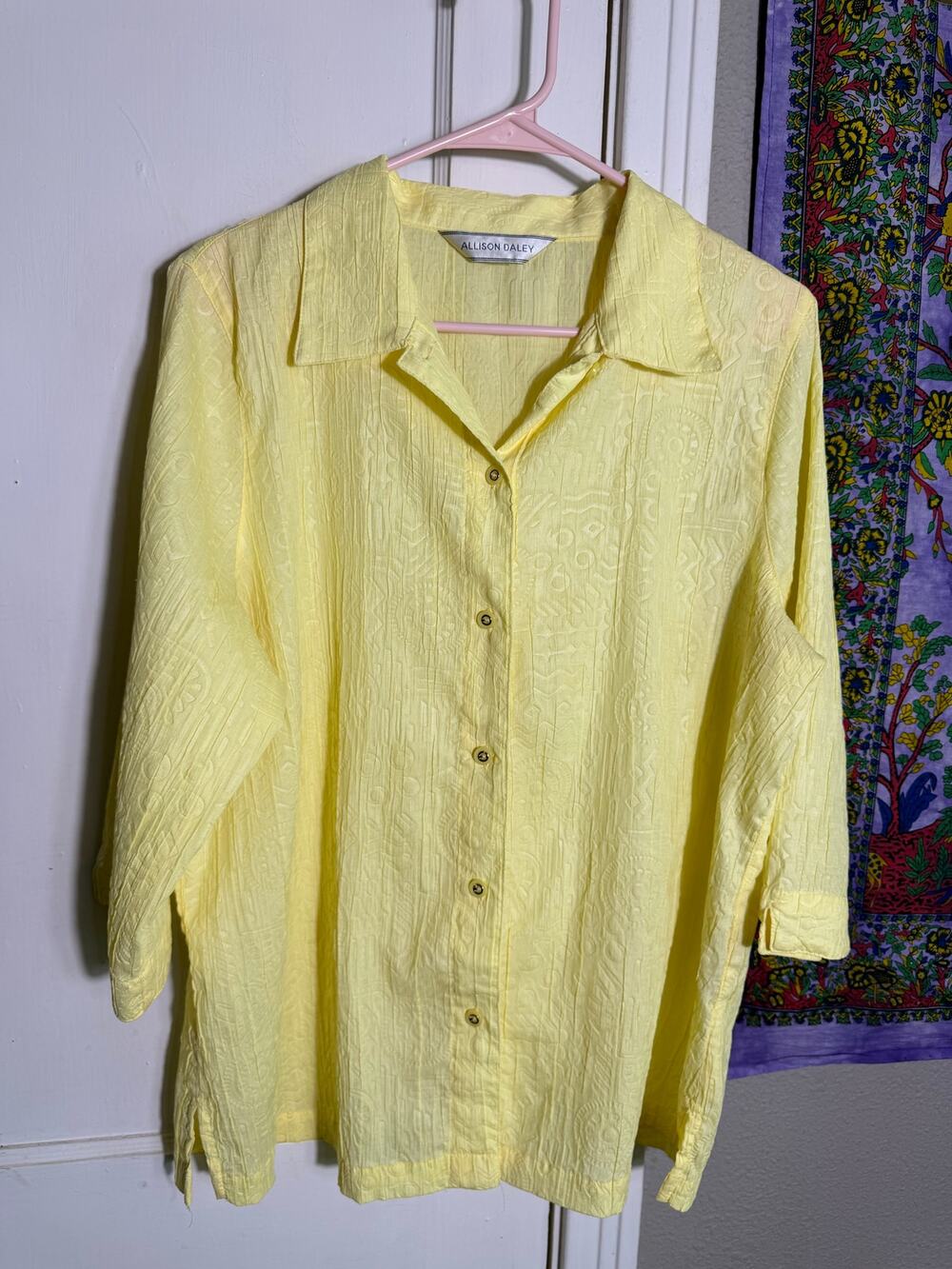 Allison Daley Yellow Textured Geometric Button Down Blouse 3/4 Sleeve